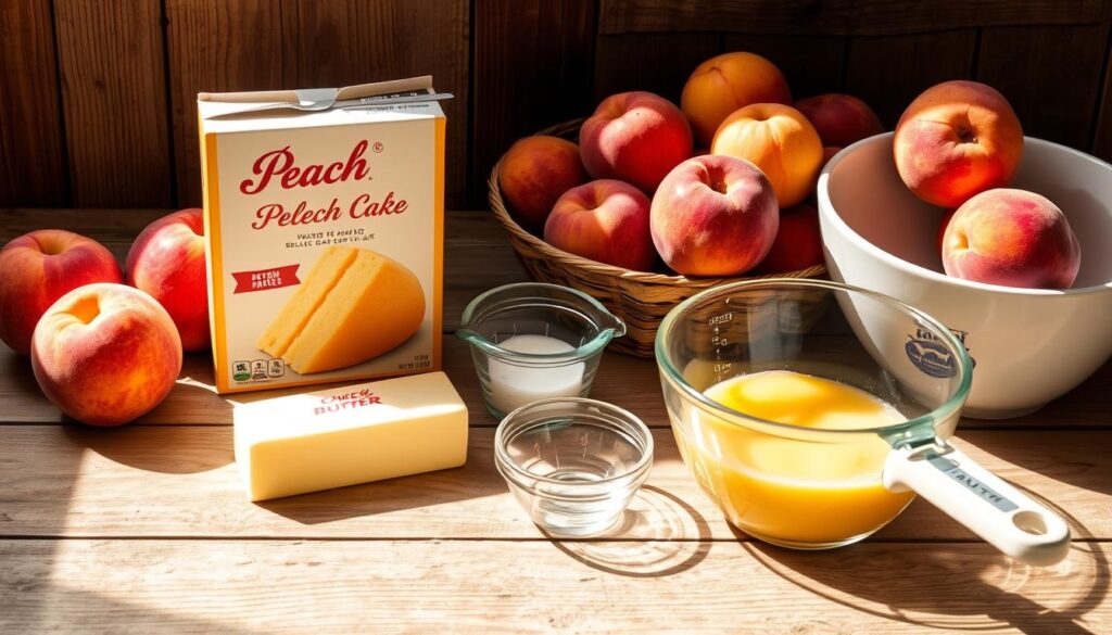 Ingredients for Easy Peach Cobbler with Cake Mix: A sunlit still life composition capturing a rustic wooden table laden with fresh peaches, a box of yellow cake mix, a stick of butter, a measuring cup, and a mixing bowl. The lighting casts a warm, golden glow across the scene, highlighting the vibrant colors and textures of the ingredients. The composition is balanced, with the objects arranged in an aesthetically pleasing manner, inviting the viewer to imagine the delicious dessert that will soon be created. Ingredients for Easy Peach Cobbler with Cake Mix: A sunlit still life composition capturing a rustic wooden table laden with fresh peaches, a box of yellow cake mix, a stick of butter, a measuring cup, and a mixing bowl. The lighting casts a warm, golden glow across the scene, highlighting the vibrant colors and textures of the ingredients. The composition is balanced, with the objects arranged in an aesthetically pleasing manner, inviting the viewer to imagine the delicious dessert that will soon be created.