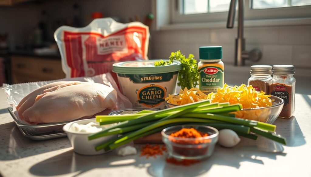 Ingredients for Keto Crack Chicken: A sunlit kitchen counter showcases a bounty of keto-friendly ingredients - boneless, skinless chicken breasts, crispy bacon, shredded cheddar cheese, tangy cream cheese, fresh scallions, and a selection of spices including garlic powder, onion powder, and paprika. The items are arranged in an inviting still life, casting soft shadows and bathed in the warm glow of natural light filtering through a nearby window. The mood is one of culinary anticipation, the promise of a delicious and nutritious low-carb meal. Ingredients for Keto Crack Chicken: A sunlit kitchen counter showcases a bounty of keto-friendly ingredients - boneless, skinless chicken breasts, crispy bacon, shredded cheddar cheese, tangy cream cheese, fresh scallions, and a selection of spices including garlic powder, onion powder, and paprika. The items are arranged in an inviting still life, casting soft shadows and bathed in the warm glow of natural light filtering through a nearby window. The mood is one of culinary anticipation, the promise of a delicious and nutritious low-carb meal.