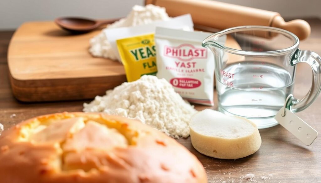 Ingredients for One Hour Bread: Warm, freshly baked loaf in the foreground, illuminated by soft, natural lighting. Mound of flour, yeast packets, salt, and a glass measuring cup filled with water in the middle ground. Wooden board, spoon, and rolling pin in the background, setting the rustic, homemade scene. The image conveys the simplicity and ease of quickly preparing the essential elements for a delicious, homemade bread. Ingredients for One Hour Bread: Warm, freshly baked loaf in the foreground, illuminated by soft, natural lighting. Mound of flour, yeast packets, salt, and a glass measuring cup filled with water in the middle ground. Wooden board, spoon, and rolling pin in the background, setting the rustic, homemade scene. The image conveys the simplicity and ease of quickly preparing the essential elements for a delicious, homemade bread.