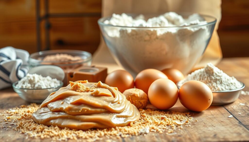 Ingredients for peanut butter cookies on a rustic wooden table, bathed in warm, natural lighting. In the foreground, a pile of smooth, creamy peanut butter, surrounded by a scattering of golden brown sugar, pure vanilla extract, and large, farm-fresh eggs. In the middle ground, a mixing bowl filled with sifted all-purpose flour, baking soda, and a pinch of salt. In the background, a baking sheet with parchment paper, ready to receive the freshly scooped cookie dough. The scene exudes a homey, comforting atmosphere, inviting the viewer to imagine the aroma of freshly baked peanut butter cookies. Ingredients for peanut butter cookies on a rustic wooden table, bathed in warm, natural lighting. In the foreground, a pile of smooth, creamy peanut butter, surrounded by a scattering of golden brown sugar, pure vanilla extract, and large, farm-fresh eggs. In the middle ground, a mixing bowl filled with sifted all-purpose flour, baking soda, and a pinch of salt. In the background, a baking sheet with parchment paper, ready to receive the freshly scooped cookie dough. The scene exudes a homey, comforting atmosphere, inviting the viewer to imagine the aroma of freshly baked peanut butter cookies.