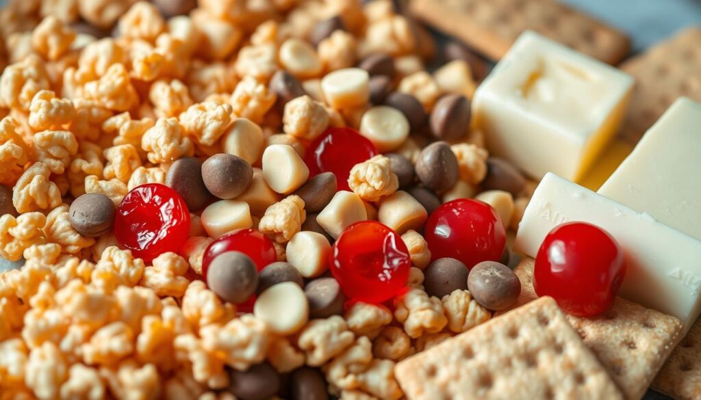 Ingredients for rice crispy cookies: a colorful arrangement of golden-brown puffed rice cereal, lush milk chocolate chips, vibrant red maraschino cherries, creamy butter, and crisp, pale-golden graham crackers. Soft and diffused lighting illuminates the scene, casting gentle shadows and highlights to accentuate the textures and shapes. The composition is balanced, with the key ingredients positioned prominently in the foreground against a subtly blurred background, creating a sense of depth and focus. The overall mood is warm, inviting, and appetizing, perfectly capturing the essence of making homemade rice crispy chocolate chip cookies. Ingredients for rice crispy cookies: a colorful arrangement of golden-brown puffed rice cereal, lush milk chocolate chips, vibrant red maraschino cherries, creamy butter, and crisp, pale-golden graham crackers. Soft and diffused lighting illuminates the scene, casting gentle shadows and highlights to accentuate the textures and shapes. The composition is balanced, with the key ingredients positioned prominently in the foreground against a subtly blurred background, creating a sense of depth and focus. The overall mood is warm, inviting, and appetizing, perfectly capturing the essence of making homemade rice crispy chocolate chip cookies.