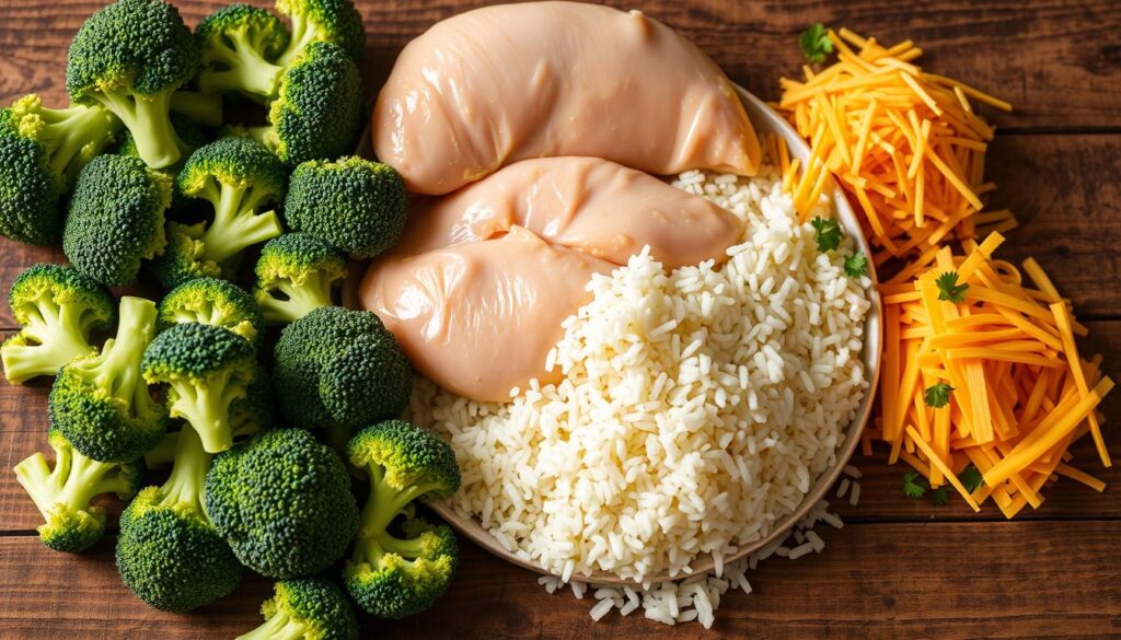 Ingredients for your Broccoli Cheddar Chicken Rice Casserole: Fresh broccoli florets, juicy chicken breasts, shredded cheddar cheese, and long-grain white rice neatly arranged on a rustic wooden table. Soft, warm lighting casts a cozy glow, highlighting the vibrant colors and textures of the ingredients. The composition is well-balanced, with the ingredients filling the frame and creating a sense of appetizing abundance. The image conveys a homemade, comforting atmosphere, perfect for illustrating the "Ingredients for Your Casserole" section of the article. Ingredients for your Broccoli Cheddar Chicken Rice Casserole: Fresh broccoli florets, juicy chicken breasts, shredded cheddar cheese, and long-grain white rice neatly arranged on a rustic wooden table. Soft, warm lighting casts a cozy glow, highlighting the vibrant colors and textures of the ingredients. The composition is well-balanced, with the ingredients filling the frame and creating a sense of appetizing abundance. The image conveys a homemade, comforting atmosphere, perfect for illustrating the "Ingredients for Your Casserole" section of the article.