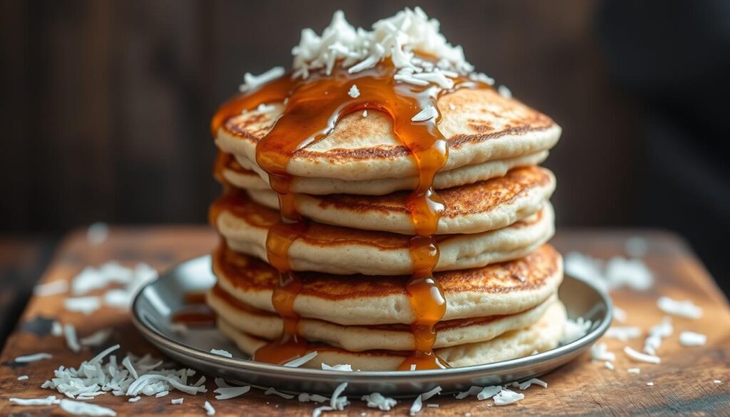 Keto-friendly pancakes with a golden-brown exterior and a fluffy, cloud-like interior. Stacked high on a rustic wooden surface, drizzled with rich, creamy sugar-free maple syrup and sprinkled with shredded coconut. Soft natural lighting casts a warm glow, highlighting the delicate texture and enticing the viewer to dig in. The overall scene evokes a sense of wholesome, nourishing indulgence, perfectly encapsulating the healthful and satisfying nature of these keto-compliant pancakes. Keto-friendly pancakes with a golden-brown exterior and a fluffy, cloud-like interior. Stacked high on a rustic wooden surface, drizzled with rich, creamy sugar-free maple syrup and sprinkled with shredded coconut. Soft natural lighting casts a warm glow, highlighting the delicate texture and enticing the viewer to dig in. The overall scene evokes a sense of wholesome, nourishing indulgence, perfectly encapsulating the healthful and satisfying nature of these keto-compliant pancakes.