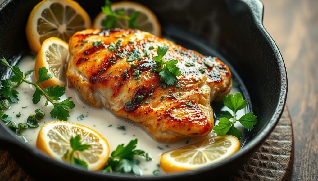 Mouthwatering yogurt-marinated chicken breast sizzling on a cast-iron skillet, with a golden-brown crust and succulent juices glistening. The chicken is surrounded by vibrant green herbs, sliced lemon wedges, and a pool of creamy, tangy yogurt marinade. Soft, diffused lighting casts a warm, inviting glow, highlighting the tender texture and enticing aromas. The scene evokes a rustic, farm-to-table aesthetic, capturing the essence of "Yogurt Marinated Chicken" in an appetizing, visually compelling manner.