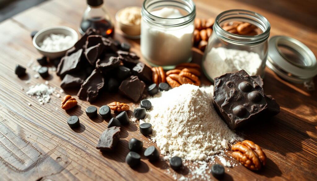 Neatly arranged on a rustic wooden surface, a collection of unique ingredients used in the renowned Jacques Torres Chocolate Chip Cookies. In the foreground, large, irregular chunks of dark chocolate, their rich hues and contrasting textures beckoning the viewer. Surrounding them, an array of premium baking essentials - fleur de sel, premium vanilla extract, and a handful of plump, golden-brown pecans. In the middle ground, a vintage glass jar filled with a blend of all-purpose and cake flours, their fine, powdery consistency begging to be transformed into the perfect cookie dough. The scene is bathed in warm, natural lighting, casting gentle shadows and highlighting the premium quality of each ingredient. An atmosphere of artisanal craftsmanship and culinary excellence permeates the image, inviting the viewer to imagine the exceptional cookies that will emerge from this unique collection of ingredients. Neatly arranged on a rustic wooden surface, a collection of unique ingredients used in the renowned Jacques Torres Chocolate Chip Cookies. In the foreground, large, irregular chunks of dark chocolate, their rich hues and contrasting textures beckoning the viewer. Surrounding them, an array of premium baking essentials - fleur de sel, premium vanilla extract, and a handful of plump, golden-brown pecans. In the middle ground, a vintage glass jar filled with a blend of all-purpose and cake flours, their fine, powdery consistency begging to be transformed into the perfect cookie dough. The scene is bathed in warm, natural lighting, casting gentle shadows and highlighting the premium quality of each ingredient. An atmosphere of artisanal craftsmanship and culinary excellence permeates the image, inviting the viewer to imagine the exceptional cookies that will emerge from this unique collection of ingredients.