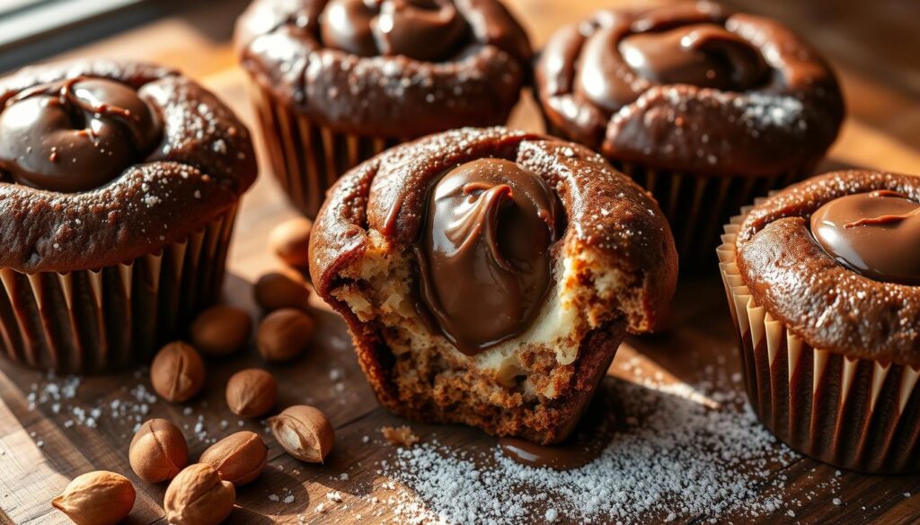 Nutella muffins, freshly baked and glistening with a rich, chocolatey sheen. The muffin tops have a delicate, golden-brown crust, revealing a soft, pillowy interior. Nestled in the center of each muffin is a generous dollop of Nutella, melted just enough to create a tantalizing swirl. The scene is bathed in warm, natural lighting, casting a cozy, inviting glow. The muffins are arranged on a rustic wooden surface, complemented by a scattering of hazelnuts and a dusting of powdered sugar, hinting at the decadent flavors within. This image captures the irresistible combination of chocolate and hazelnut, perfectly embodying the essence of "What Are Nutella Muffins?" Nutella muffins, freshly baked and glistening with a rich, chocolatey sheen. The muffin tops have a delicate, golden-brown crust, revealing a soft, pillowy interior. Nestled in the center of each muffin is a generous dollop of Nutella, melted just enough to create a tantalizing swirl. The scene is bathed in warm, natural lighting, casting a cozy, inviting glow. The muffins are arranged on a rustic wooden surface, complemented by a scattering of hazelnuts and a dusting of powdered sugar, hinting at the decadent flavors within. This image captures the irresistible combination of chocolate and hazelnut, perfectly embodying the essence of "What Are Nutella Muffins?"