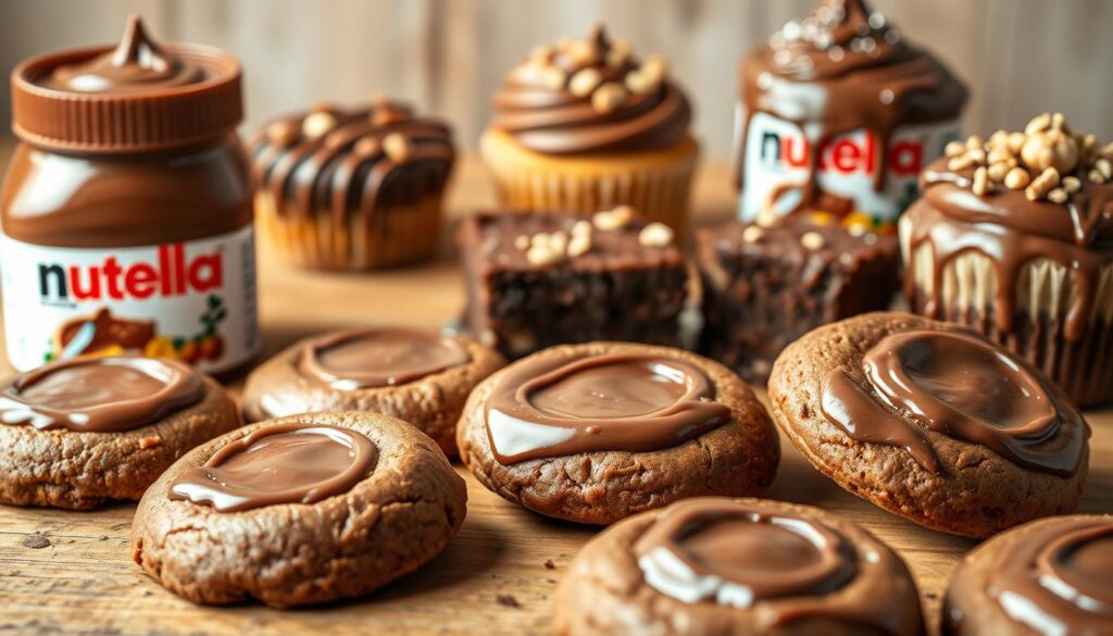 Nutella recipes - a delectable spread of creamy chocolate hazelnut goodness, set against a backdrop of baked treats and drizzled desserts. In the foreground, a selection of tempting no-bake cookies, their surfaces glistening with the rich, glossy sheen of Nutella. The middle ground showcases a variety of Nutella-infused sweets, from cupcakes to brownies, each layered with the iconic spread and garnished with chopped nuts and a dusting of cocoa powder. In the background, a rustic wooden table sets the stage, illuminated by soft, warm lighting that casts a cozy, inviting atmosphere. The overall scene evokes a sense of indulgence, comfort, and the irresistible allure of Nutella's unique, comforting flavor.