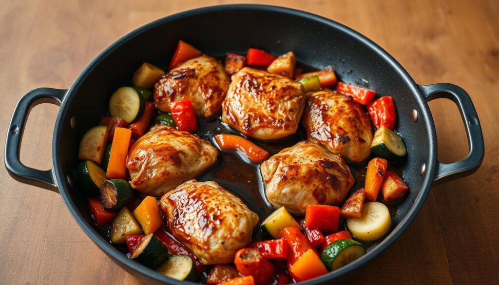 One pan filled with an array of delectable ingredients: juicy chicken thighs, vibrant vegetables like bell peppers and zucchini, and a glossy balsamic reduction simmering in the center. The pan is set against a warm, earthy backdrop, perhaps a rustic wooden table or a subtly textured countertop. Soft, directional lighting casts gentle shadows, highlighting the dish's inviting colors and textures. The overall scene conveys a sense of simplicity, efficiency, and the comforting aroma of a homemade meal. The composition is clean and minimalist, allowing the one-pan wonder to be the focal point, enticing the viewer to savor the ease and flavor of this one-dish wonder. One pan filled with an array of delectable ingredients: juicy chicken thighs, vibrant vegetables like bell peppers and zucchini, and a glossy balsamic reduction simmering in the center. The pan is set against a warm, earthy backdrop, perhaps a rustic wooden table or a subtly textured countertop. Soft, directional lighting casts gentle shadows, highlighting the dish's inviting colors and textures. The overall scene conveys a sense of simplicity, efficiency, and the comforting aroma of a homemade meal. The composition is clean and minimalist, allowing the one-pan wonder to be the focal point, enticing the viewer to savor the ease and flavor of this one-dish wonder.