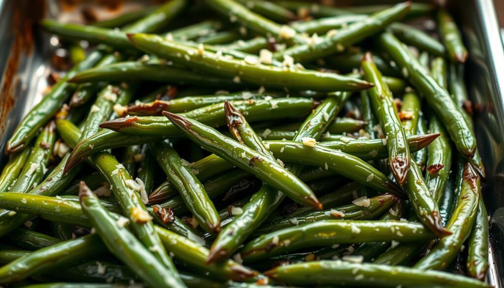 Oven-roasted green beans, glistening with a light olive oil coating, arranged in a baking dish. The beans are tender yet with a subtle crunch, accented by minced garlic and a dusting of freshly grated Parmesan cheese. The scene is illuminated by soft, natural lighting, casting a warm, inviting glow. The composition emphasizes the vibrant green hues of the beans, complemented by the golden brown hues of the roasted elements. The overall mood is one of simple, rustic elegance, perfectly capturing the essence of this satisfying and nutritious side dish. Oven-roasted green beans, glistening with a light olive oil coating, arranged in a baking dish. The beans are tender yet with a subtle crunch, accented by minced garlic and a dusting of freshly grated Parmesan cheese. The scene is illuminated by soft, natural lighting, casting a warm, inviting glow. The composition emphasizes the vibrant green hues of the beans, complemented by the golden brown hues of the roasted elements. The overall mood is one of simple, rustic elegance, perfectly capturing the essence of this satisfying and nutritious side dish.