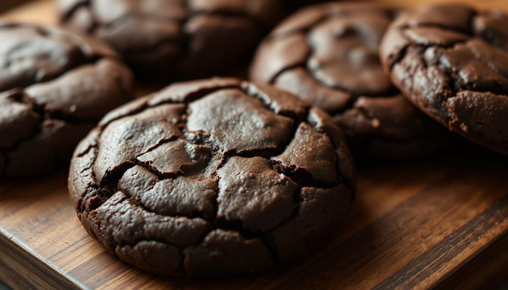 Perfectly baked chocolate brownie cookies, fresh from the oven, with a rich, fudgy center and crisp, crackly edges. The cookies are arranged on a rustic wooden board, the warm aroma of melted chocolate and baked cocoa filling the air. Soft, indirect lighting creates a cozy, inviting atmosphere, highlighting the shiny, gleaming surface of the cookies and the delicate textures. The composition features a close-up view, drawing the viewer's attention to the alluring details of the freshly-baked treats. Perfectly baked chocolate brownie cookies, fresh from the oven, with a rich, fudgy center and crisp, crackly edges. The cookies are arranged on a rustic wooden board, the warm aroma of melted chocolate and baked cocoa filling the air. Soft, indirect lighting creates a cozy, inviting atmosphere, highlighting the shiny, gleaming surface of the cookies and the delicate textures. The composition features a close-up view, drawing the viewer's attention to the alluring details of the freshly-baked treats.