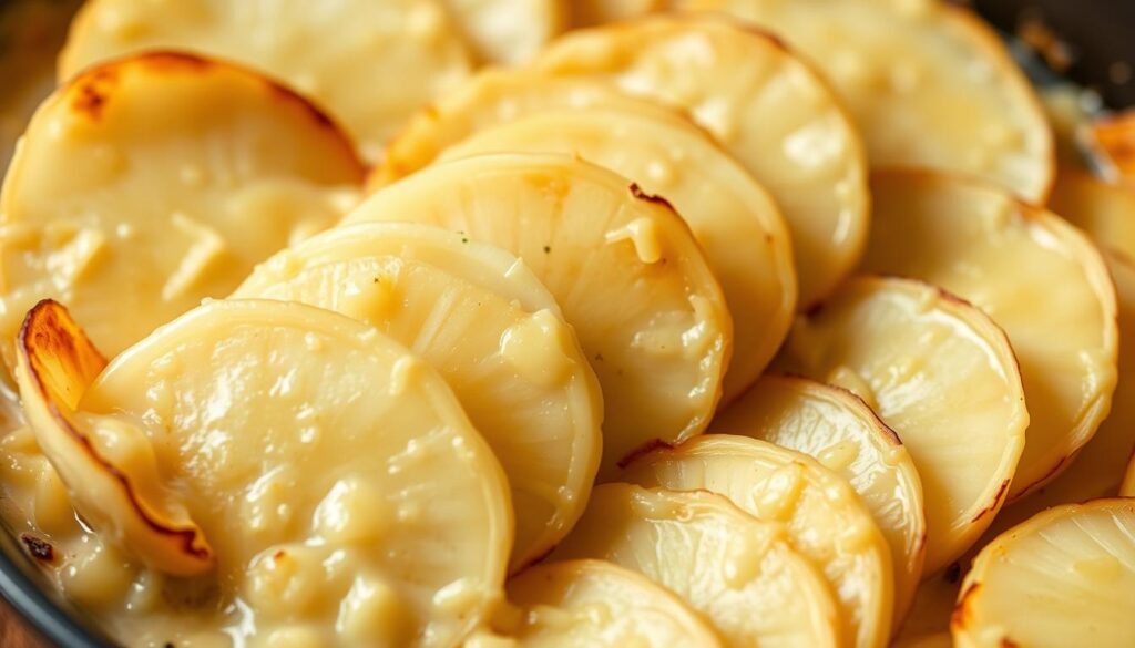 Scalloped turnips, sliced thin and arranged in an elegant, overlapping pattern, bathed in a creamy, cheesy sauce. The turnips have a slight caramelized edge, giving them a delightful texture contrast. The overall composition is simple yet visually appealing, with a warm, inviting atmosphere. Soft, diffused lighting casts gentle shadows, highlighting the dish's layered, scalloped appearance. The camera is positioned at a slight angle, allowing the viewer to appreciate the depth and dimensionality of the scalloped turnips. The image conveys the comforting, homestyle appeal of this keto-friendly, cheesy turnip gratin.