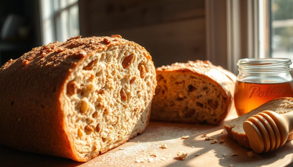 Soft, freshly baked homemade bread, sliced open to reveal a warm, fluffy interior. Whole wheat flour, oats, and a sprinkling of flaxseeds layered within the dough, adding a nutritious crunch. Sunlight streams through the window, casting a warm glow on the golden crust. A glass jar of honey sits nearby, a natural sweetener to drizzle over the bread. The scene exudes a sense of comfort and the satisfaction of creating a healthier version of a beloved staple. Soft shadows and a shallow depth of field draw the eye to the luscious texture of the bread, inviting the viewer to take a bite and savor the homemade goodness. Soft, freshly baked homemade bread, sliced open to reveal a warm, fluffy interior. Whole wheat flour, oats, and a sprinkling of flaxseeds layered within the dough, adding a nutritious crunch. Sunlight streams through the window, casting a warm glow on the golden crust. A glass jar of honey sits nearby, a natural sweetener to drizzle over the bread. The scene exudes a sense of comfort and the satisfaction of creating a healthier version of a beloved staple. Soft shadows and a shallow depth of field draw the eye to the luscious texture of the bread, inviting the viewer to take a bite and savor the homemade goodness.
