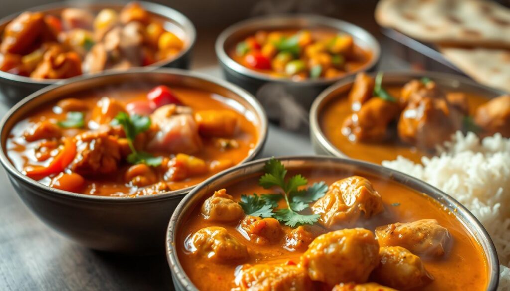 Steaming bowls of aromatic chicken curry variations, each with its own distinct blend of spices and ingredients. In the foreground, a richly colored, creamy coconut-based curry with tender chunks of chicken, garnished with fresh cilantro. In the middle ground, a vibrant, tomato-based curry with colorful bell peppers and onions. In the background, a fragrant, aromatic curry with warm, earthy notes, accompanied by basmati rice and naan bread. The lighting is soft and inviting, creating a cozy, homemade atmosphere. The image evokes a sense of comfort and the perfect weeknight meal.