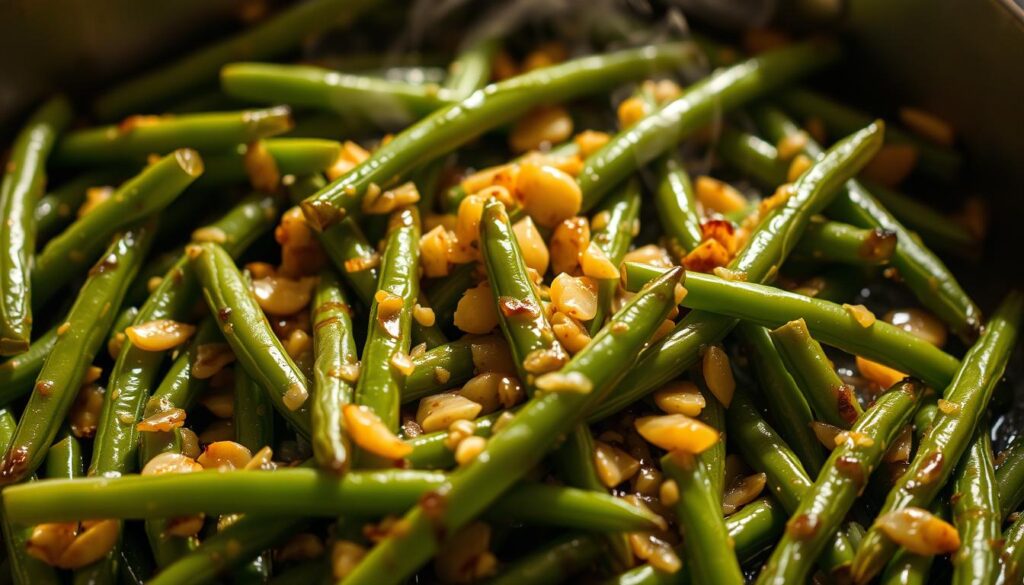 Steaming hot, freshly sautéed green beans bathed in a rich, fragrant garlic butter sauce, glistening under the soft, warm lighting of a home kitchen. The beans are perfectly tender-crisp, their vibrant green hues contrasted by the golden-brown specks of roasted garlic. The composition captures the dish in an up-close, enticing view, inviting the viewer to imagine the savory, buttery aroma and satisfying crunch of each bite. The image exudes a comforting, homemade atmosphere, perfectly capturing the appeal of this classic side dish. Steaming hot, freshly sautéed green beans bathed in a rich, fragrant garlic butter sauce, glistening under the soft, warm lighting of a home kitchen. The beans are perfectly tender-crisp, their vibrant green hues contrasted by the golden-brown specks of roasted garlic. The composition captures the dish in an up-close, enticing view, inviting the viewer to imagine the savory, buttery aroma and satisfying crunch of each bite. The image exudes a comforting, homemade atmosphere, perfectly capturing the appeal of this classic side dish.