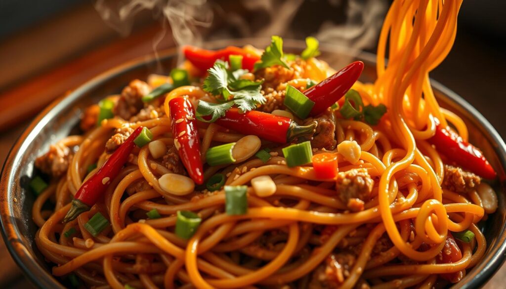 Steaming plate of spicy dan dan noodles, the aromas of toasted Sichuan peppercorns and chili oil wafting through the air. Slender wheat noodles twirl with minced pork, scallions, and crushed peanuts, coated in a glossy, tongue-tingling sauce. Vibrant red chilies and fresh cilantro leaves add pops of color, while a dusting of toasted sesame seeds lends a nutty crunch. Captured in warm, golden lighting, the dish glistens invitingly, promising an addictive, flavor-packed experience. Shot from a low angle, emphasizing the depth and texture of the noodles, an irresistible close-up that captures the essence of this beloved Sichuan classic. Steaming plate of spicy dan dan noodles, the aromas of toasted Sichuan peppercorns and chili oil wafting through the air. Slender wheat noodles twirl with minced pork, scallions, and crushed peanuts, coated in a glossy, tongue-tingling sauce. Vibrant red chilies and fresh cilantro leaves add pops of color, while a dusting of toasted sesame seeds lends a nutty crunch. Captured in warm, golden lighting, the dish glistens invitingly, promising an addictive, flavor-packed experience. Shot from a low angle, emphasizing the depth and texture of the noodles, an irresistible close-up that captures the essence of this beloved Sichuan classic.