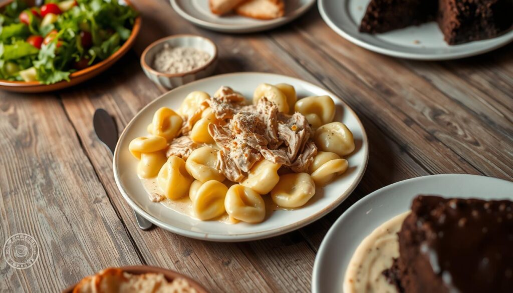 Steaming plates of homemade chicken tortellini alfredo, nestled on a rustic wooden table. Fresh pasta drenched in a creamy, garlicky sauce, topped with tender shredded chicken and a sprinkling of parmesan. Plump tortellini stuffed with a savory cheese filling, glistening under soft, diffused lighting. Framing the scene, a mix of family-style dishes - a tossed green salad, freshly baked garlic bread, and a decadent chocolate cake for dessert. The atmosphere is warm and inviting, capturing the essence of a beloved home-cooked meal shared with loved ones.