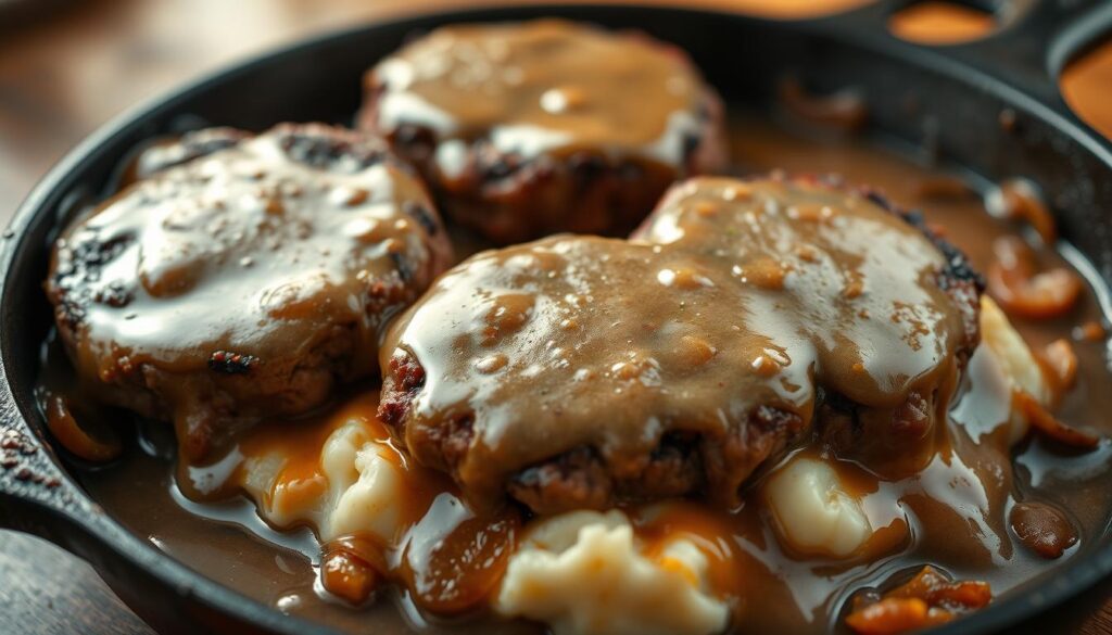 Succulent hamburger steaks sizzle on a cast-iron skillet, blanketed in a rich, aromatic onion gravy. The tender patties, seared to perfection, sit atop a bed of creamy mashed potatoes, the gravy cascading down the sides in glistening rivulets. Caramelized onions add depth and sweetness, complementing the savory flavors. Soft, warm light bathes the scene, casting a cozy, homespun atmosphere. Shot from a low angle, the image highlights the comforting, hearty nature of this classic dish, inviting the viewer to dive in and savor every bite. Succulent hamburger steaks sizzle on a cast-iron skillet, blanketed in a rich, aromatic onion gravy. The tender patties, seared to perfection, sit atop a bed of creamy mashed potatoes, the gravy cascading down the sides in glistening rivulets. Caramelized onions add depth and sweetness, complementing the savory flavors. Soft, warm light bathes the scene, casting a cozy, homespun atmosphere. Shot from a low angle, the image highlights the comforting, hearty nature of this classic dish, inviting the viewer to dive in and savor every bite.