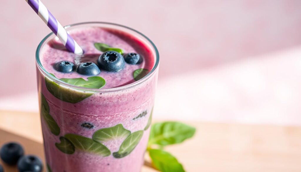Vibrant blueberry and spinach smoothie swirling in a glass with a straw, set against a soft, pastel background. Smooth, creamy texture with flecks of green spinach and deep purple blueberries. Gentle natural lighting illuminates the drink, creating a refreshing, inviting scene. Positioned on a wooden table or countertop, the smoothie appears chilled and ready to be enjoyed. The composition highlights the striking color contrast and healthy, nutritious ingredients that make this blueberry spinach smoothie so special. Vibrant blueberry and spinach smoothie swirling in a glass with a straw, set against a soft, pastel background. Smooth, creamy texture with flecks of green spinach and deep purple blueberries. Gentle natural lighting illuminates the drink, creating a refreshing, inviting scene. Positioned on a wooden table or countertop, the smoothie appears chilled and ready to be enjoyed. The composition highlights the striking color contrast and healthy, nutritious ingredients that make this blueberry spinach smoothie so special.