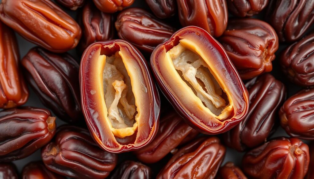 Vibrant close-up of assorted Medjool dates, each split open to reveal a rich, creamy interior. In the center, two dates are meticulously arranged, showcasing their caramel-like sweetness and soft, chewy texture. Surrounding them, additional dates in varying shades of amber and mahogany are scattered naturally, as if freshly picked. Carefully lit from above, casting gentle shadows and highlighting the natural striations and wrinkles of the dates' skin. The overall composition is clean, simple, and visually appealing, emphasizing the healthful, indulgent qualities of these "healthy Snickers" treats. Vibrant close-up of assorted Medjool dates, each split open to reveal a rich, creamy interior. In the center, two dates are meticulously arranged, showcasing their caramel-like sweetness and soft, chewy texture. Surrounding them, additional dates in varying shades of amber and mahogany are scattered naturally, as if freshly picked. Carefully lit from above, casting gentle shadows and highlighting the natural striations and wrinkles of the dates' skin. The overall composition is clean, simple, and visually appealing, emphasizing the healthful, indulgent qualities of these "healthy Snickers" treats.