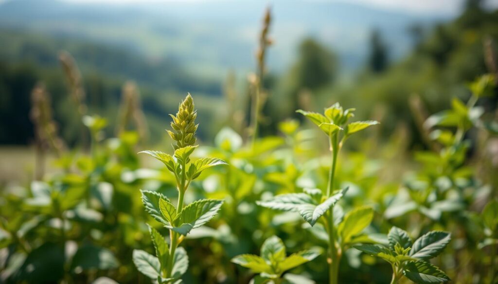 Vibrant lemon balm leaves gently swaying in soft natural lighting, showcasing their delicate green hues and serene beauty. In the foreground, a sprig of the herb stands out, its pointed tips and serrated edges capturing the viewer's attention. The middle ground features a variety of lemon balm plants, their stems and foliage intertwined, creating a lush, verdant composition. In the background, a blurred, ethereal landscape sets the stage, hinting at the soothing, restorative properties of this aromatic herb. The overall scene evokes a sense of tranquility and well-being, perfectly capturing the essence of lemon balm and its beneficial qualities. Vibrant lemon balm leaves gently swaying in soft natural lighting, showcasing their delicate green hues and serene beauty. In the foreground, a sprig of the herb stands out, its pointed tips and serrated edges capturing the viewer's attention. The middle ground features a variety of lemon balm plants, their stems and foliage intertwined, creating a lush, verdant composition. In the background, a blurred, ethereal landscape sets the stage, hinting at the soothing, restorative properties of this aromatic herb. The overall scene evokes a sense of tranquility and well-being, perfectly capturing the essence of lemon balm and its beneficial qualities.