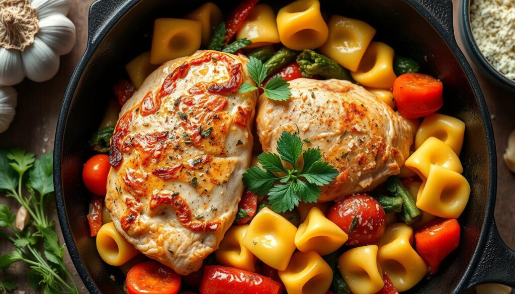 Vibrant skillet meal, featuring a succulent chicken breast, tender tortellini, and a medley of fresh vegetables. The scene is bathed in warm, natural lighting, captured from an overhead angle to showcase the layered textures and vibrant colors. The skillet itself is made of cast iron, its surface gleaming with a hint of oil. Surrounding the dish, an assortment of culinary ingredients - garlic, fresh herbs, and a sprinkle of grated cheese - create a harmonious still life, conveying the homemade, wholesome nature of skillet meals. The overall atmosphere is one of comfort, nourishment, and the joy of simple, flavorful cooking.