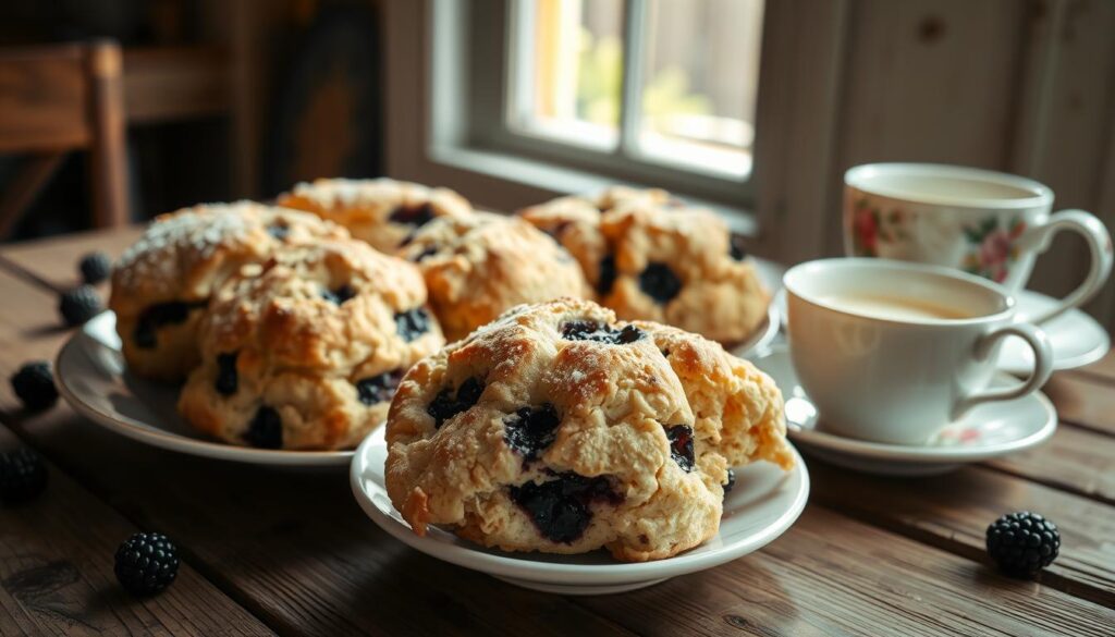 Warm, freshly baked blackberry scones on a rustic wooden table, sunlight streaming through a nearby window, casting a soft, golden glow. The scones are perfectly golden-brown, their tops dusted with a light sprinkling of powdered sugar. Ripe, juicy blackberries are visible within the tender, flaky dough, their deep purple hues contrasting beautifully. A simple, white ceramic plate holds the scones, accompanied by a small pot of clotted cream and a delicate, floral-patterned teacup. The scene exudes a cozy, homespun atmosphere, inviting the viewer to sit down, pour a cup of tea, and savor the homemade goodness.