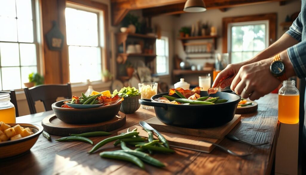 a beautifully lit southern kitchen with a wooden farmhouse table, a cast iron skillet sizzling with crispy bacon, fresh green beans, and other classic southern cooking ingredients like cornbread, collard greens, and sweet tea. the light streams in through wide windows, casting a warm, golden glow over the scene. the room has a cozy, homey atmosphere, with exposed wooden beams and rustic decor. a pair of weathered hands carefully preparing the food, a testament to the care and tradition of southern cooking. the camera is positioned at a low angle, capturing the scene from a intimate, personal perspective. a beautifully lit southern kitchen with a wooden farmhouse table, a cast iron skillet sizzling with crispy bacon, fresh green beans, and other classic southern cooking ingredients like cornbread, collard greens, and sweet tea. the light streams in through wide windows, casting a warm, golden glow over the scene. the room has a cozy, homey atmosphere, with exposed wooden beams and rustic decor. a pair of weathered hands carefully preparing the food, a testament to the care and tradition of southern cooking. the camera is positioned at a low angle, capturing the scene from a intimate, personal perspective.