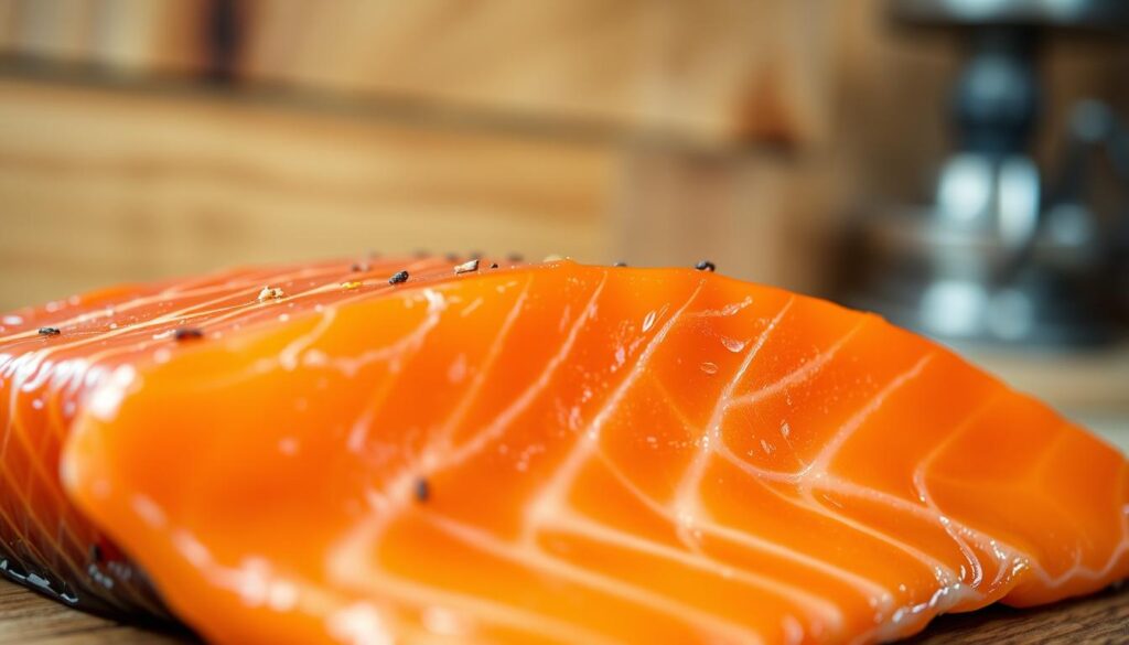 a close-up photograph of cold smoked salmon, shot with a macro lens in natural lighting. the salmon has a distinct reddish-orange color and a glossy, oily surface. there are visible smoke rings and small flecks of salt and pepper on the flesh. the background is blurred, with hints of wood texture or a wood-paneled surface, conveying a rustic, artisanal atmosphere. the lighting is soft and diffused, creating a warm, inviting mood. the depth of field is shallow, keeping the salmon in sharp focus while the surroundings are gently out of focus. a close-up photograph of cold smoked salmon, shot with a macro lens in natural lighting. the salmon has a distinct reddish-orange color and a glossy, oily surface. there are visible smoke rings and small flecks of salt and pepper on the flesh. the background is blurred, with hints of wood texture or a wood-paneled surface, conveying a rustic, artisanal atmosphere. the lighting is soft and diffused, creating a warm, inviting mood. the depth of field is shallow, keeping the salmon in sharp focus while the surroundings are gently out of focus.