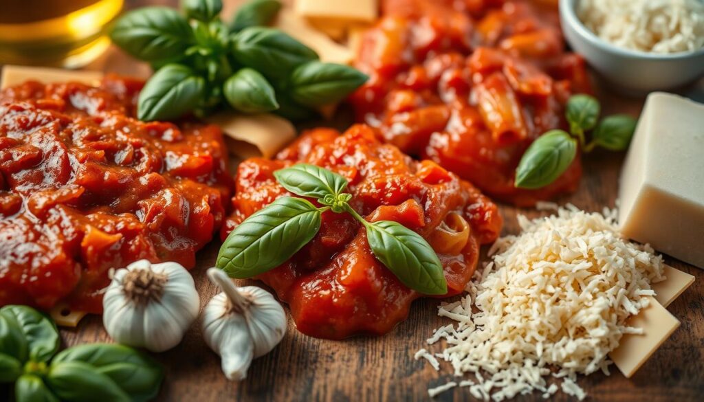 a detailed close-up shot of various quick and easy dinner recipe ingredients, including pasta, tomato sauce, basil leaves, garlic, olive oil, and cheese. The ingredients are arranged neatly on a wooden table, with warm, soft lighting illuminating the scene. The focus is sharp, and the composition is balanced, emphasizing the simplicity and accessibility of these dishes. The overall mood is inviting and mouthwatering, capturing the essence of "One-Pan Marry Me Tortellini" and what makes this recipe special: its simplicity, convenience, and deliciousness.