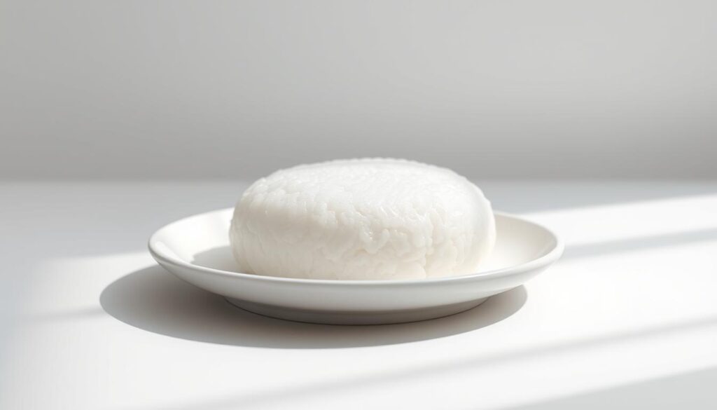 a high-resolution, detailed 3D render of a plain white rice cake with a soft, fluffy texture, resting on a simple white ceramic plate. The rice cake is illuminated by soft, diffused natural light, casting gentle shadows and highlights that accentuate its delicate form. The background is a clean, minimalist space with subtle gradients of light gray or off-white, creating a simple, elegant composition that allows the rice cake to be the focal point. The image has a calming, appetizing mood, inviting the viewer to appreciate the simplicity and beauty of this traditional Asian snack.