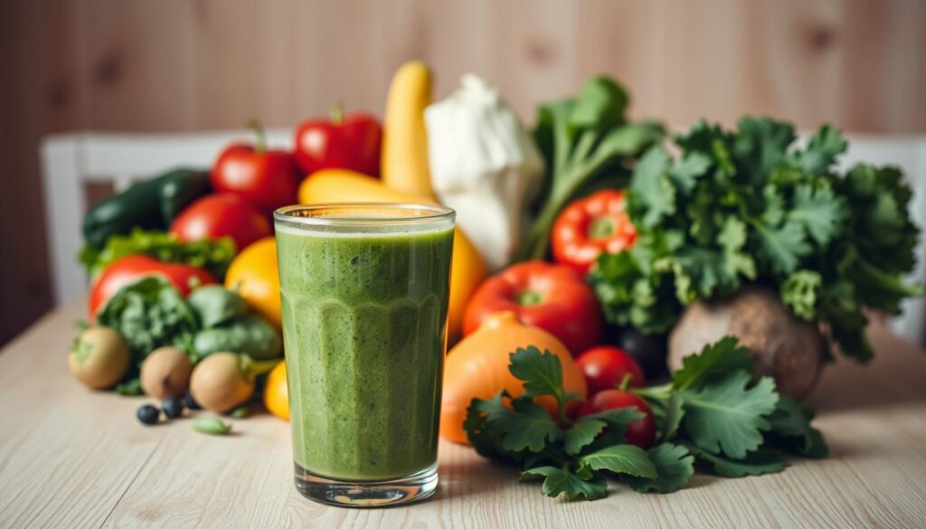 a neatly arranged set of fresh fruit, vegetables, and leafy greens on a light wooden table, with a glass of a vibrant green smoothie in the foreground. The ingredients are strategically placed to create a sense of balance and harmony, highlighting the natural colors and textures. The lighting is soft and diffused, creating a warm and inviting atmosphere. In the background, there are minimal distractions, allowing the focus to remain on the healthy smoothie ingredients. The overall composition conveys a sense of purity, vitality, and a healthy lifestyle. a neatly arranged set of fresh fruit, vegetables, and leafy greens on a light wooden table, with a glass of a vibrant green smoothie in the foreground. The ingredients are strategically placed to create a sense of balance and harmony, highlighting the natural colors and textures. The lighting is soft and diffused, creating a warm and inviting atmosphere. In the background, there are minimal distractions, allowing the focus to remain on the healthy smoothie ingredients. The overall composition conveys a sense of purity, vitality, and a healthy lifestyle.