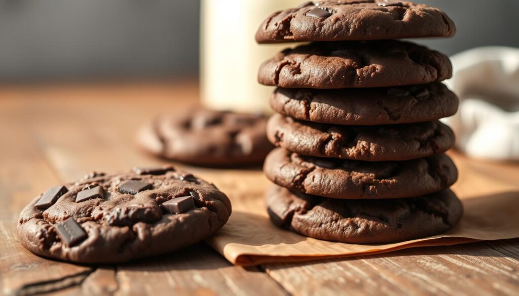 high quality, detailed close-up photograph of a stack of chocolate cookies, fresh from the oven, on a rustic wooden table. The cookies have a rich, dark chocolate color, with a soft, chewy texture and visible chunks of chocolate throughout. The lighting is warm and natural, casting a gentle glow on the cookies. The table is slightly weathered, adding to the cozy, homemade atmosphere. The composition is clean and minimal, with the cookies as the sole focus, filling the frame. The image conveys the simple, comforting essence of homemade chocolate cookies. high quality, detailed close-up photograph of a stack of chocolate cookies, fresh from the oven, on a rustic wooden table. The cookies have a rich, dark chocolate color, with a soft, chewy texture and visible chunks of chocolate throughout. The lighting is warm and natural, casting a gentle glow on the cookies. The table is slightly weathered, adding to the cozy, homemade atmosphere. The composition is clean and minimal, with the cookies as the sole focus, filling the frame. The image conveys the simple, comforting essence of homemade chocolate cookies.