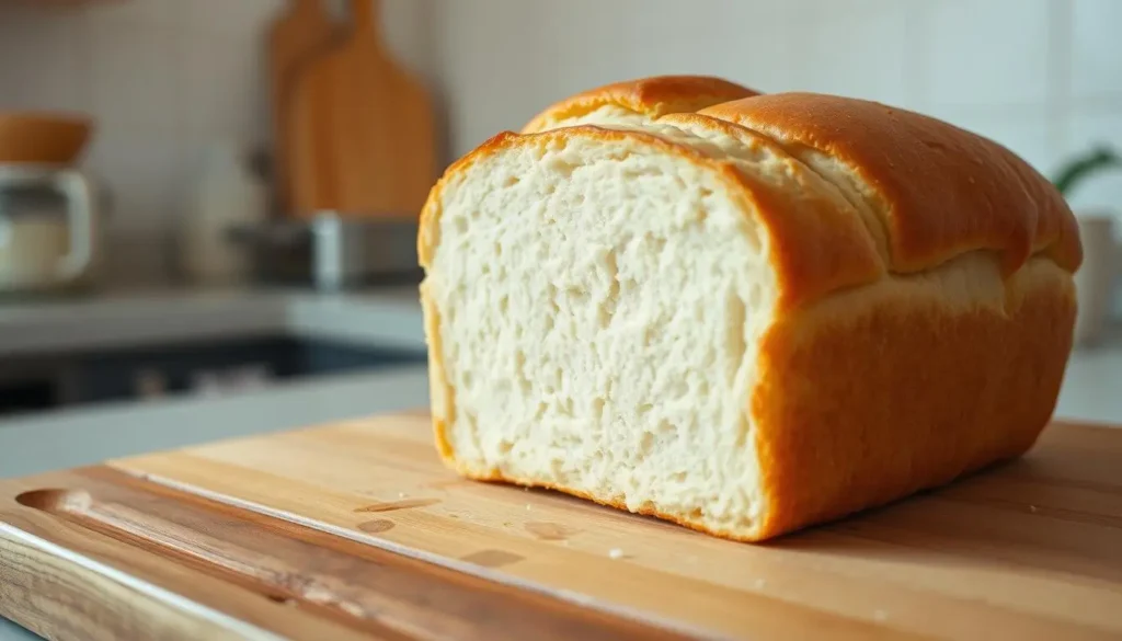 A freshly baked homemade sandwich bread, its golden-brown crust glistening under natural lighting. The soft, fluffy crumb reveals the delicate texture of the dough, kneaded with care. In the foreground, the bread sits prominently on a wooden cutting board, inviting a close-up view. In the background, a simple, uncluttered kitchen setting with minimal details emphasizes the focus on the bread itself. The lighting is warm and diffused, creating a comforting, homely atmosphere. The overall composition evokes a sense of nourishment, simplicity, and the satisfaction of homemade baking. A-freshly-baked-homemade-sandwich-bread-its-golden-brown-crust-glistening-under-natural