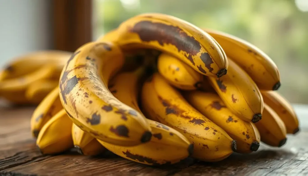 A pile of overripe bananas, their yellow skins mottled with brown spots, gently resting on a rustic wooden table. Soft, diffused lighting illuminates the scene, casting a warm, inviting glow. The bananas' soft, mushy texture is palpable, their sweet, intensified aroma wafting through the air. In the background, a blurred, natural backdrop suggests a cozy, homey atmosphere, perfect for baking the ultimate moist banana bread. The composition draws the viewer's attention to the enticing, well-ripened fruit, highlighting their benefits for achieving the ideal moisture and flavor in the beloved baked treat. A-pile-of-overripe-bananas-their-yellow-skins-mottled-with-brown-spots-gently-resting-on-a