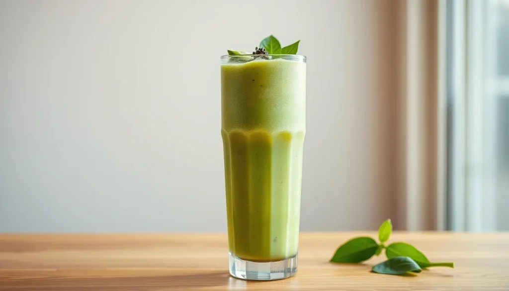A tall, frosty glass filled with a vibrant green protein shake, topped with a swirl of creamy avocado and a sprinkle of fragrant spinach leaves. The shake's smooth, velvety texture is accentuated by the soft, natural lighting filtering through a large window, casting a warm, inviting glow. The glass sits atop a clean, minimalist wooden table, with a simple, elegant backdrop of muted colors complementing the healthful, nourishing essence of the drink. The composition is balanced, drawing the viewer's eye to the centerpiece - the protein-rich, nutrient-dense shake that promises to fuel the body and support an active, wellness-focused lifestyle. A-tall-frosty-glass-filled-with-a-vibrant-green-protein-shake-topped-with-a-swirl-of-creamy