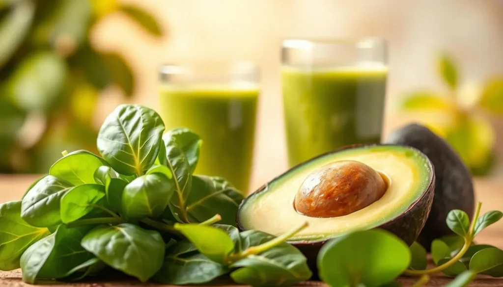 A vibrant and appetizing still life composition showcasing the health benefits of spinach and avocado. In the foreground, a fresh, crisp bundle of spinach leaves is artfully arranged, their deep green hues contrasting beautifully with the creamy, rich texture of a halved avocado. The middle ground features a glass filled with a refreshing green smoothie, the ingredients visible through the transparent vessel. The background is softly blurred, creating a sense of depth and focus on the primary subjects. Warm, natural lighting casts a gentle glow, highlighting the vibrant colors and textures of the produce. The overall mood is one of wholesomeness, nourishment, and the power of these two superfood ingredients. A-vibrant-and-appetizing-still-life-composition-showcasing-the-health-benefits-of-spinach-and