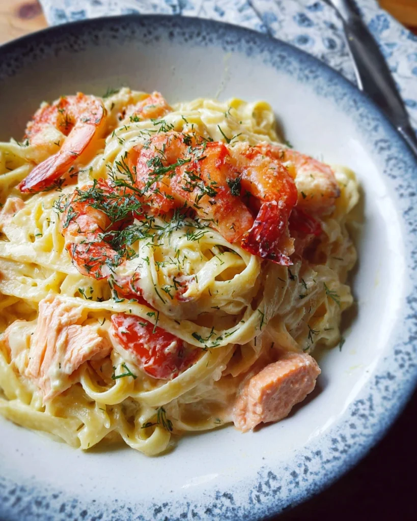 Luxurious Salmon and Shrimp Alfredo Pasta: A Creamy Seafood Delight