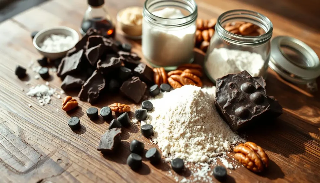 Neatly arranged on a rustic wooden surface, a collection of unique ingredients used in the renowned Jacques Torres Chocolate Chip Cookies. In the foreground, large, irregular chunks of dark chocolate, their rich hues and contrasting textures beckoning the viewer. Surrounding them, an array of premium baking essentials - fleur de sel, premium vanilla extract, and a handful of plump, golden-brown pecans. In the middle ground, a vintage glass jar filled with a blend of all-purpose and cake flours, their fine, powdery consistency begging to be transformed into the perfect cookie dough. The scene is bathed in warm, natural lighting, casting gentle shadows and highlighting the premium quality of each ingredient. An atmosphere of artisanal craftsmanship and culinary excellence permeates the image, inviting the viewer to imagine the exceptional cookies that will emerge from this unique collection of ingredients. Neatly-arranged-on-a-rustic-wooden-surface-a-collection-of-unique-ingredients-used-in-the