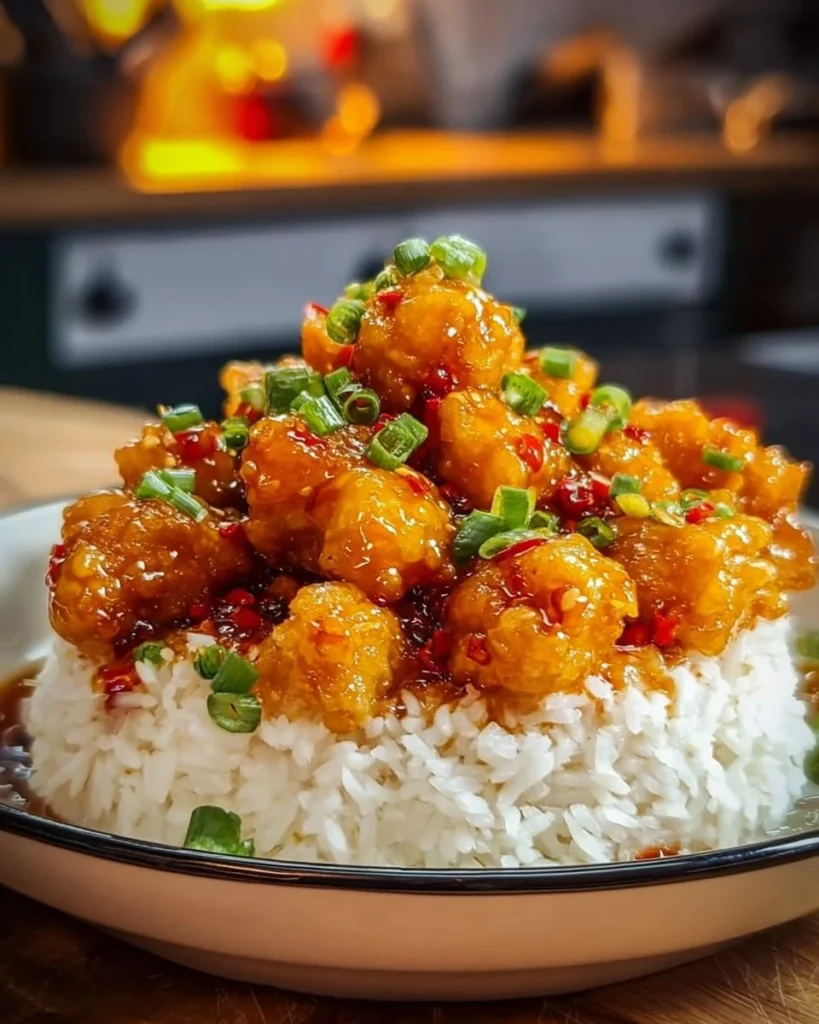 Delicious 4-ingredient orange chicken served with steamed rice and broccoli