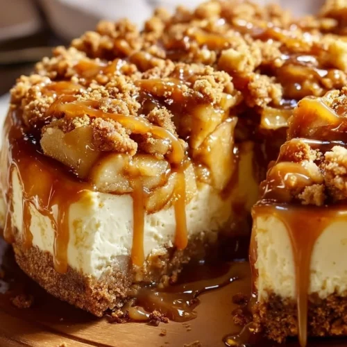 Delicious apple crisp cheesecake topped with a crunchy topping and apple slices.