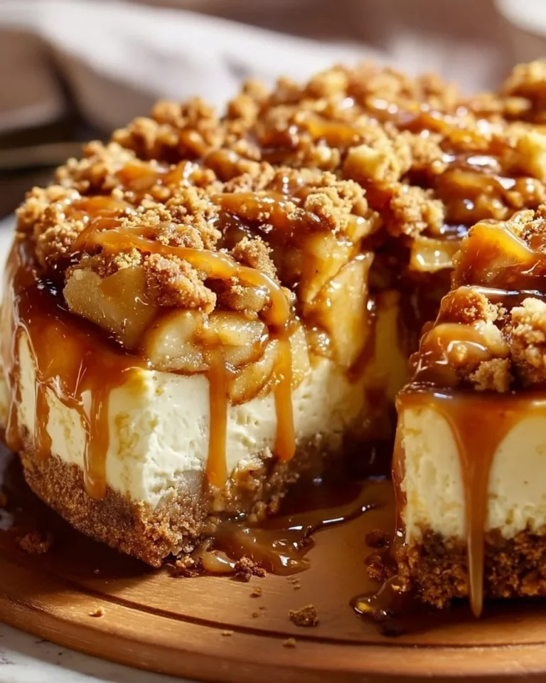 Delicious apple crisp cheesecake topped with a crunchy topping and apple slices.