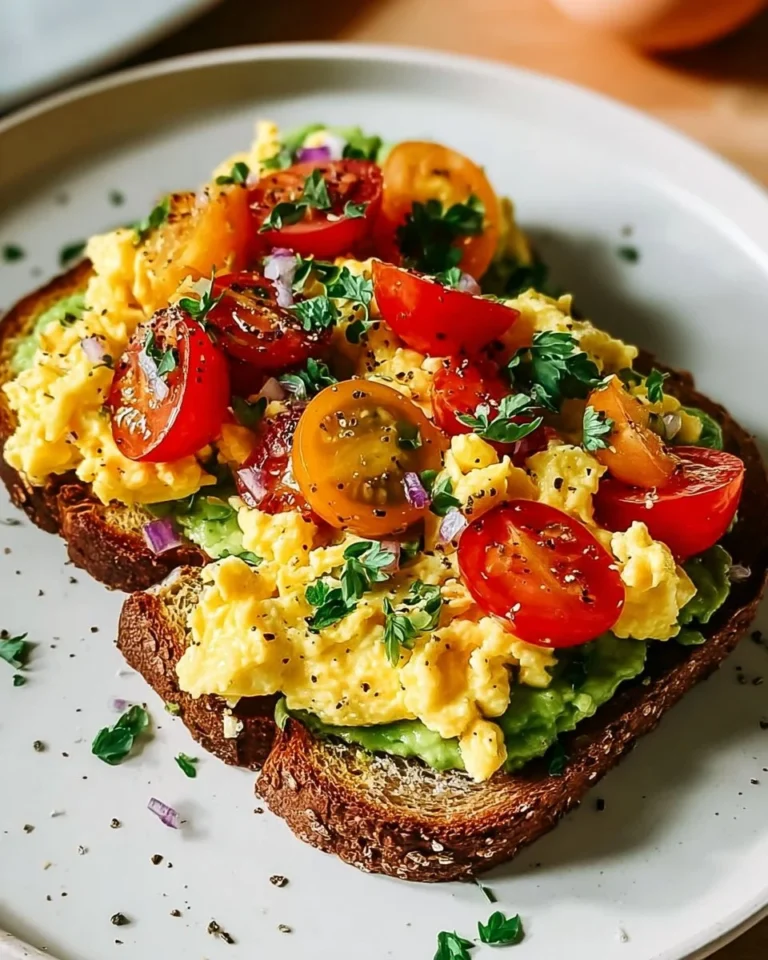 Avocado toast topped with scrambled eggs and colorful veggies on a plate