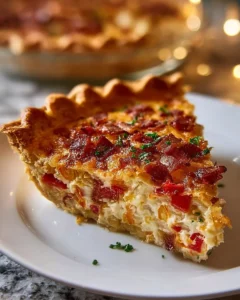 Homemade Bacon Onion Tomato Pie topped with fresh ingredients