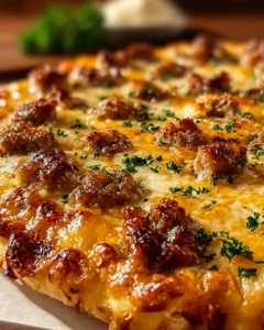 Biscuits and Sausage Gravy Breakfast Pizza topped with savory sausage gravy