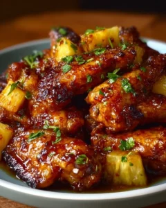 Brown sugar pineapple wings chicken garnished and ready to serve