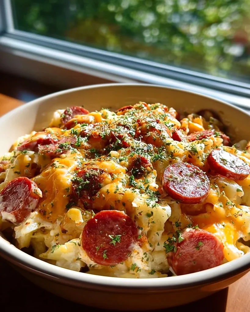 Cheesy Kielbasa Hashbrown Casserole served in a dish