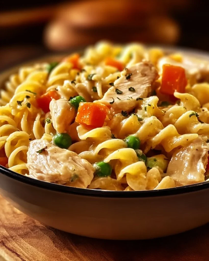 Delicious Chicken Pot Pie Pasta served in a bowl with fresh herbs