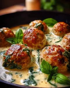 Delicious Chicken Ricotta Meatballs served with Spinach Alfredo Sauce