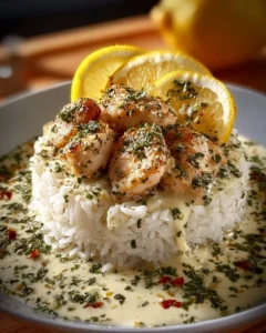 Delicious Chicken Scampi served with creamy garlic rice.