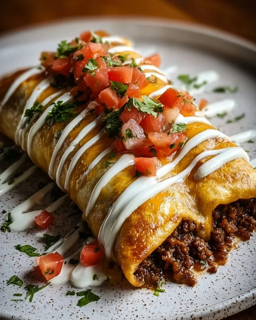 Golden brown crispy chimichangas filled with beef and cheese